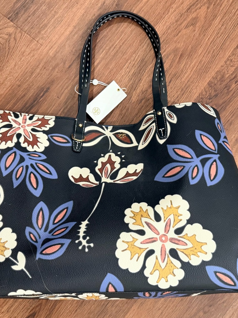 Tory Burch Black Floral Print Tote with Blue, Pink and Gold Accents